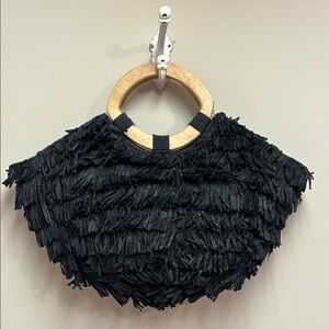 Anthropologie Rosalita Fringed Raffia Tote Bag Boho Style Wooden Handle Black
